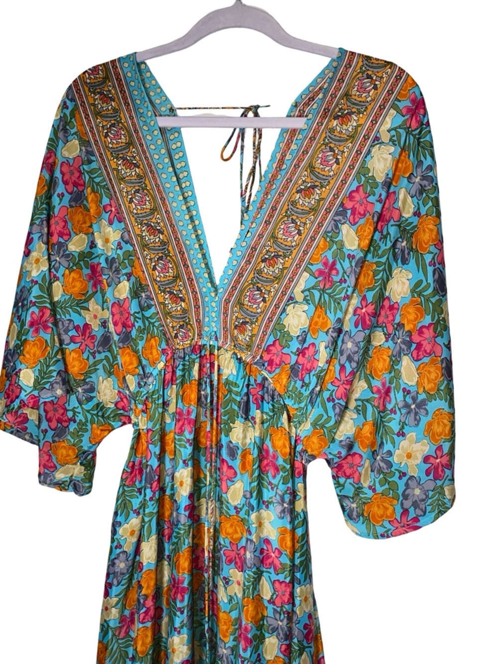 Zury Silk Boho Maxi Dress | 70% Silk Floral Paisley Tiered V-Neck Gown - Size M - Picture 3 of 6